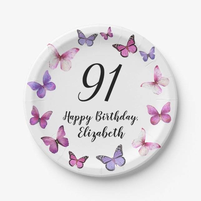 Assiettes En Carton 91st Birthday Pink Purple Butterflies  (Devant)