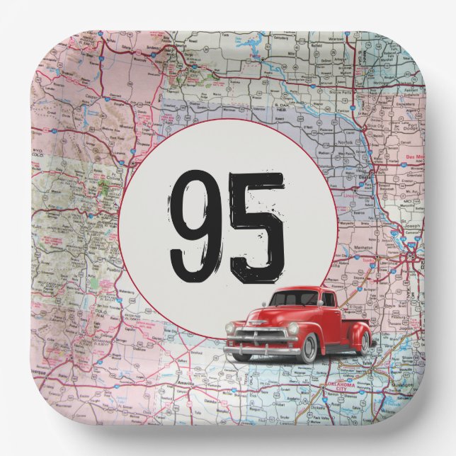 Assiettes En Carton 95e anniversaire Camion rouge Retro sur la carte r (Recto)