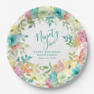 Assiettes En Carton 95e Anniversaire Eté Aquarelle Floral Personnalisé