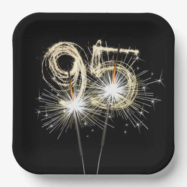 Assiettes En Carton 95e anniversaire Sparklers de fête sur noir (Recto)