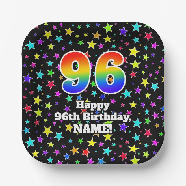 Assiettes En Carton 96e anniversaire : Fun Stars Motif et Rainbow "96" (Recto)