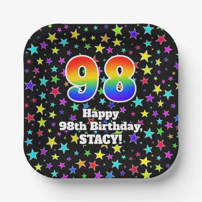 Assiettes En Carton 98e anniversaire : Fun Stars Motif et Rainbow "98" (Recto)