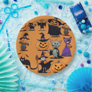 Assiettes En Carton 9" Citrouille, Chat noir, Skeletons, Halloween per