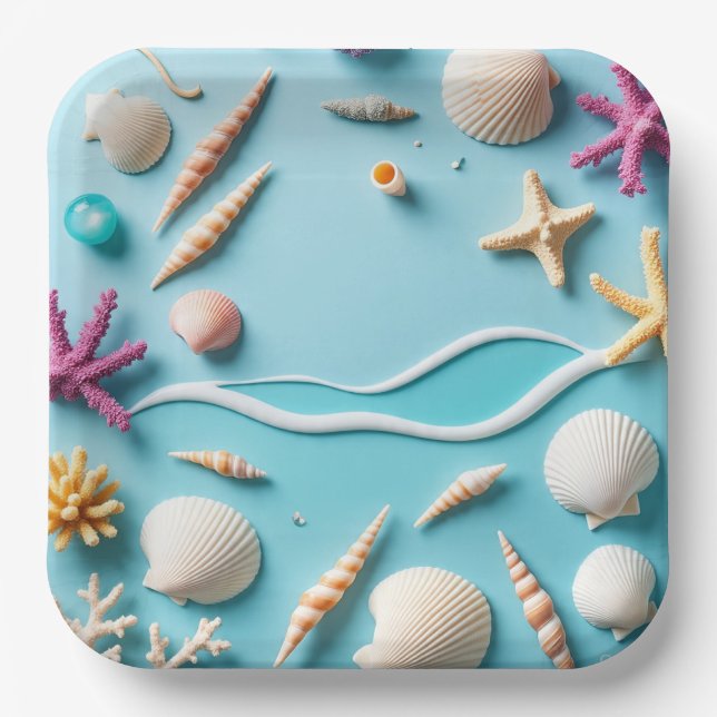 Assiettes En Carton 9-Inch Square Paper Plate with Sea Life Design –  (Recto)