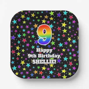Assiettes En Carton 9e anniversaire : Fun Stars Motif et Rainbow "9"