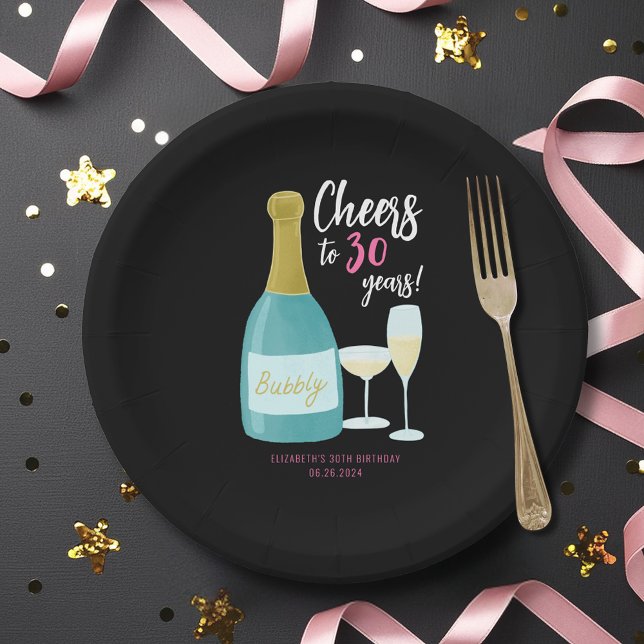 Assiettes En Carton À 30 ans de bulles, fête d'anniversaire 30 ans (Cheers to 30 Years, 30th birthday party plates & bowls with champagne illustration.)