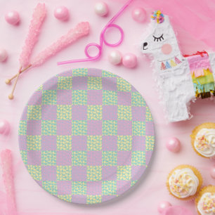 Assiettes En Carton à damiers Love-Pastel rose, jaune, violet et vert