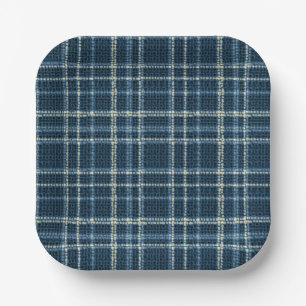 Assiettes En Carton À damiers motif. Bleu gris.