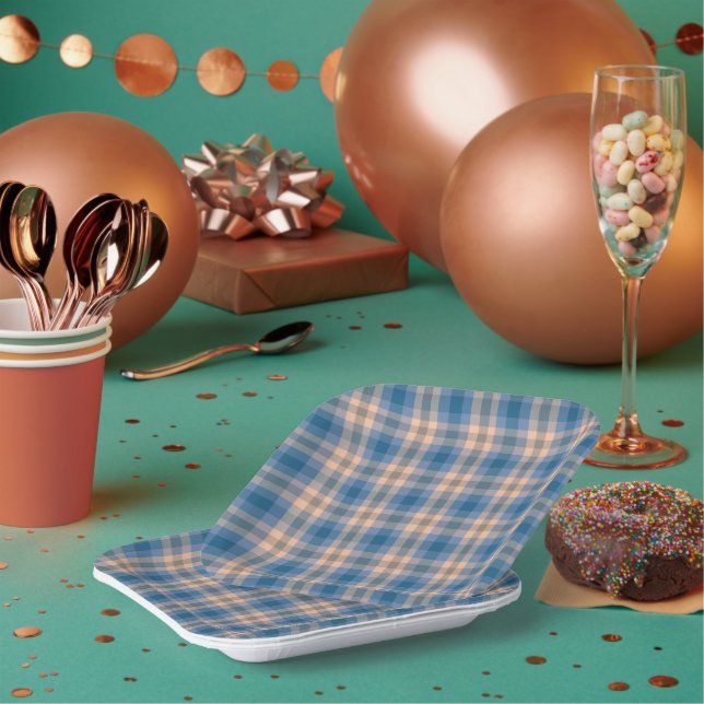 Assiettes En Carton à damiers Plaid Beige Bleu Gris Et Pêche (Multi)