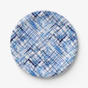 Assiettes En Carton à damiers, tartan, plaid, classique, bleu, blanc