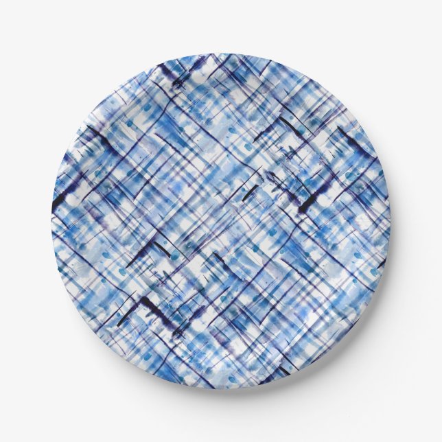 Assiettes En Carton à damiers, tartan, plaid, classique, bleu, blanc (Devant)
