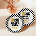 Assiettes En Carton à damiers un joyeux mec 1er anniversaire sourire<br><div class="desc">Ces superbes Plaques de papier One Happy Dude présentent un visage rétro souriant avec un arrière - plan à damiers noir et blanc - la façon parfaite d'accentuer la fête d'anniversaire de votre heureux petit mec. Modifiez facilement la plupart des termes pour correspondre à votre événement! Voulez-vous utiliser un autre...</div>