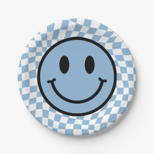 Assiettes En Carton à damiers Wavy Blue Preppy Smile Anniversaire