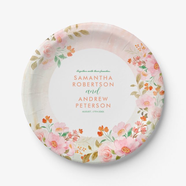 Assiettes En Carton A Garden Romance : Mariage d'aquarelle rose et ver (Devant)
