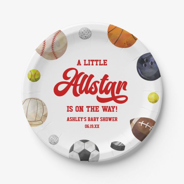 Assiettes En Carton A Little Allstar Is On The Way! Sports Baby Shower (Devant)