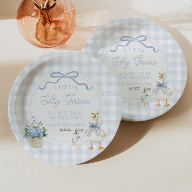 Assiettes En Carton A Little Silly Goose Blue Floral Bow Baby Shower (Créateur téléchargé)