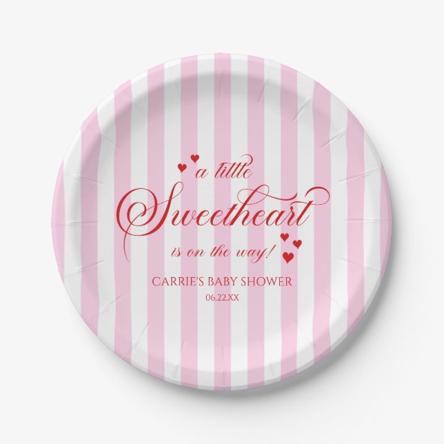 Assiettes En Carton A Little Sweetheart Pink Red Hearts Baby Shower (Devant)