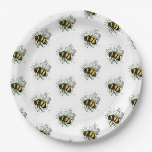 Assiettes En Carton Abeille Bourdon Volante, Dessin Numérique Main Lev