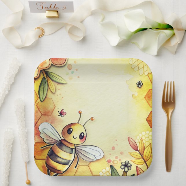 Assiettes En Carton Abeille heureuse nid d'abeille bourdon  (Mariage)
