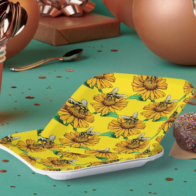 Assiettes En Carton Abeille sur motif de fleur de tournesol jaune  (Créateur téléchargé)