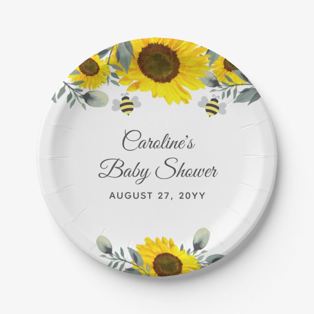 Assiettes En Carton Abeilles mignonnes et tournesols Baby shower Eucal (Devant)