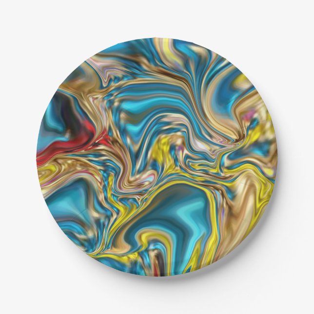 Assiettes En Carton abstract marble swirls yellow teal turquoise blue (Devant)