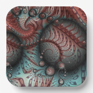 Assiettes En Carton Abstrait Fantastique Vivant Art Fractal Brun Bleu