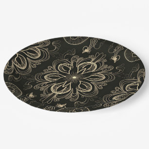 Assiettes En Carton Abstrait Floral Noir Et Motif Or