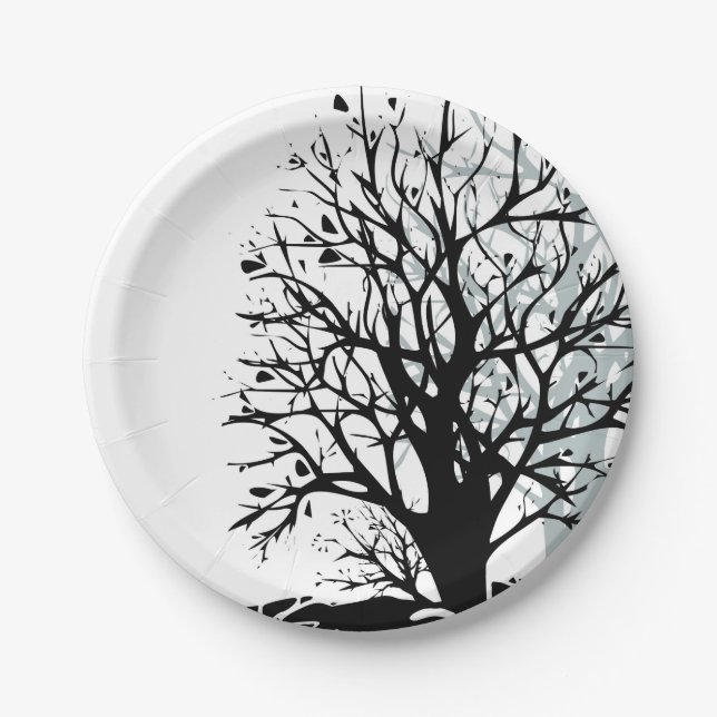Assiettes En Carton Abstrait moderne arbre noir silhouette ombre blanc (Devant)