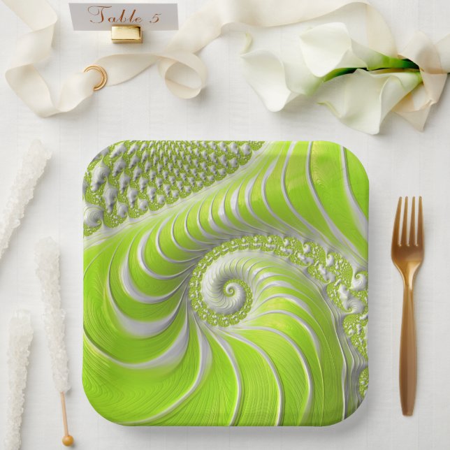 Assiettes En Carton Abstrait Moderne Lime Green Spiral Fractal (Mariage)