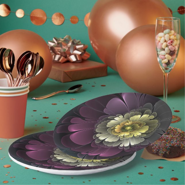 Assiettes En Carton Abstrait Purpur moderne Khaki Gris Fleur fractale  (Multi)