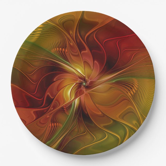 Assiettes En Carton Abstrait Rouge Orange Brown Vert Fractal Art Flowe (Devant)