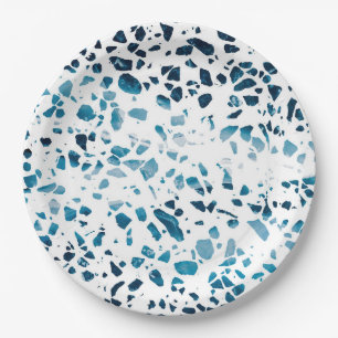 Assiettes En Carton Abstrait Terrazzo Mosaic Marine et Motif bleu clai