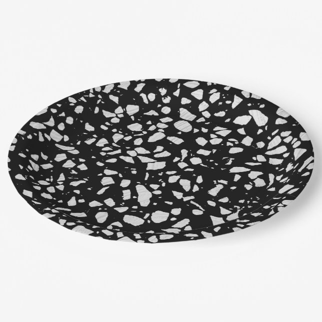 Assiettes En Carton Abstrait Terrazzo Mosaic Motif noir et blanc (Angle)