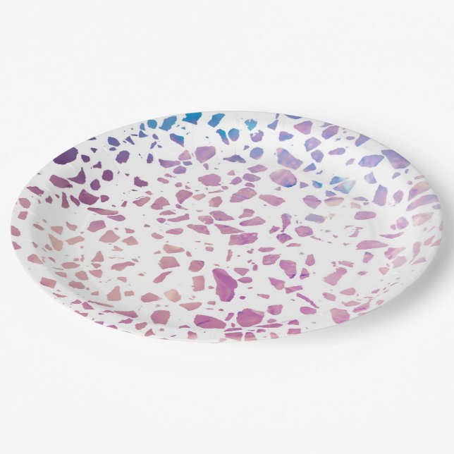 Assiettes En Carton Abstrait Terrazzo Mosaic rose et Motif bleu (Angle)