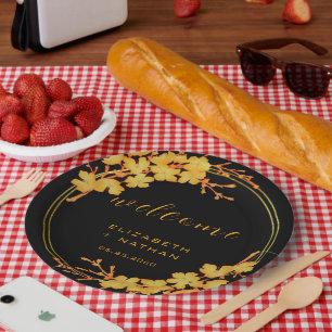 Assiettes En Carton Accueil Floral Noir & Or Luxe Classique