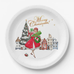Assiettes En Carton Achats de Noël de dame vintage 1950 