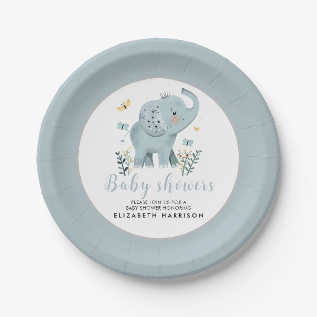 Assiettes En Carton adorable Elephant Blue Baby Boy Douche (Devant)