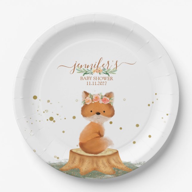Assiettes En Carton Adorable Fox Flower Crown Baby Shower Theme (Devant)