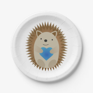 Assiettes En Carton Adorable Hérisson embrassant un Coeur Bleu