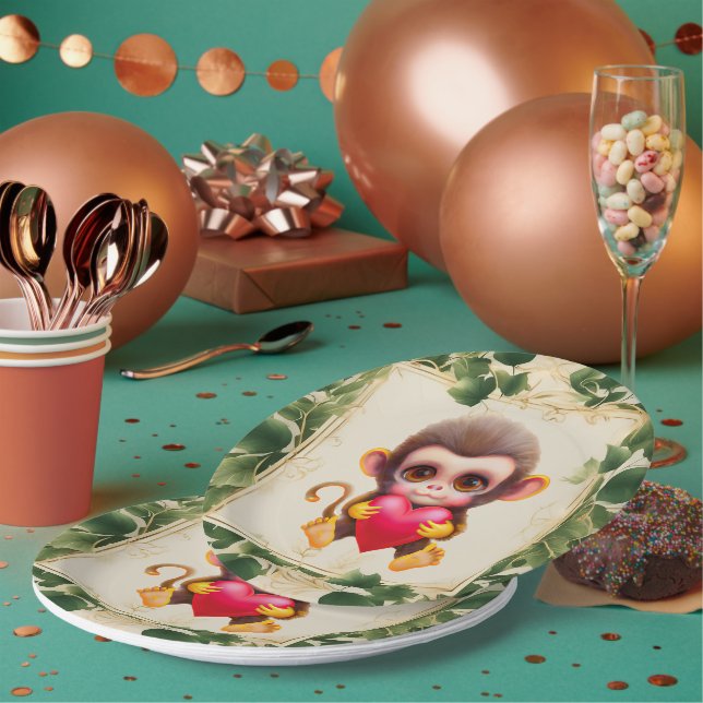 Assiettes En Carton Adorable Jungle Saint-Valentin Singe (Multi)