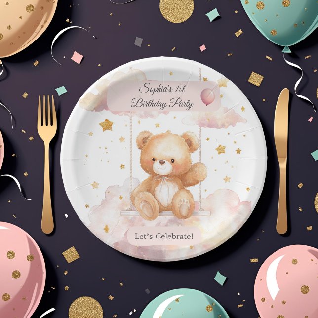 Assiettes En Carton Adorable ours en peluche 1er anniversaire - Plaque (Créateur téléchargé)