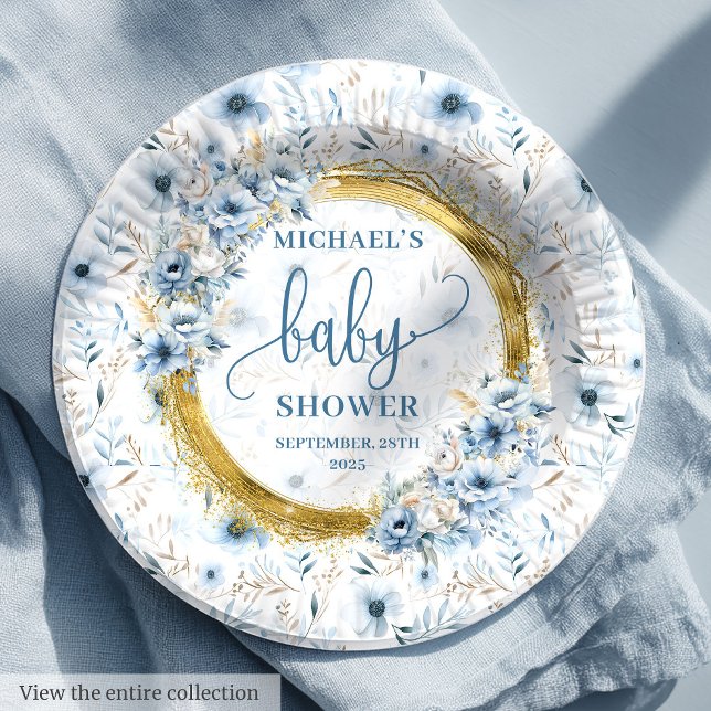 Assiettes En Carton Adorable pastel bleu fleurs or boho douche (Adorable pastel blue flowers gold boho shower paper plates)