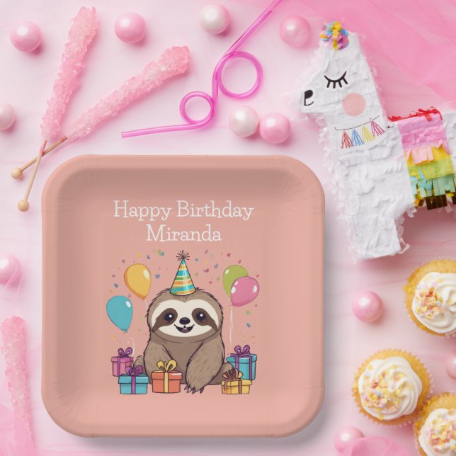 Assiettes En Carton Adorable Sloth Joyeux Anniversaire Personnalisé ro (Fête)
