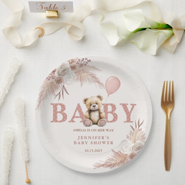 Assiettes En Carton Adorable Teddy Bear Pink Boho Floral Girl (Mariage)