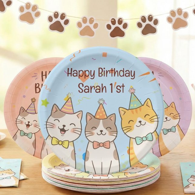 Assiettes En Carton Adorable Trio of Birthday Cats | Custom Name & Age (Créateur téléchargé)