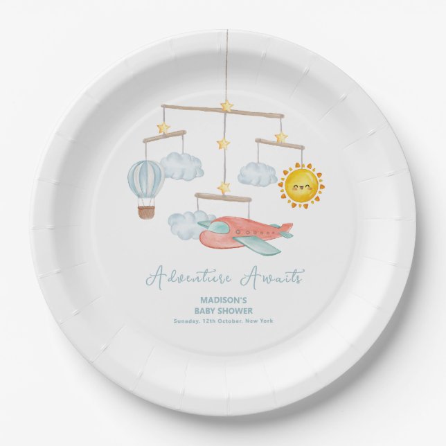 Assiettes En Carton Adventure Airplane Hot Air Balloon Baby Shower  (Devant)