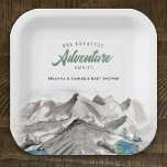 Assiettes En Carton Adventure Await Couples Baby shower Mountains<br><div class="desc">Cette plaque en papier baby shower en couple offre un thème d'aventure en montagne rustique présentant un paysage de nature aquarelle de montagnes,  d'étangs et de pins. C'est parfait pour un événement en plein air.</div>