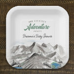 Assiettes En Carton Adventure Await Forest Baby shower Mountains<br><div class="desc">Cette plaque en papier baby shower offre un thème d'aventure de montagne rustique présentant un paysage de nature aquarelle de montagnes,  d'étangs et de pins. C'est parfait pour un événement en plein air.</div>