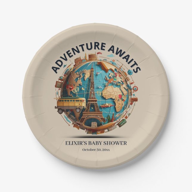 Assiettes En Carton Adventure Await Modern Globe Baby shower (Devant)